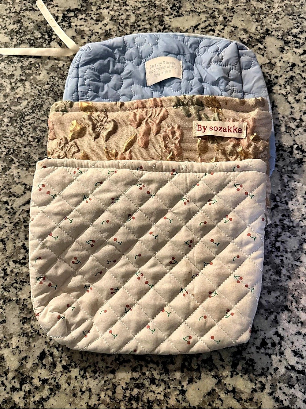 Quilted Floral cosmetic bags in White & Blue and gold Like New